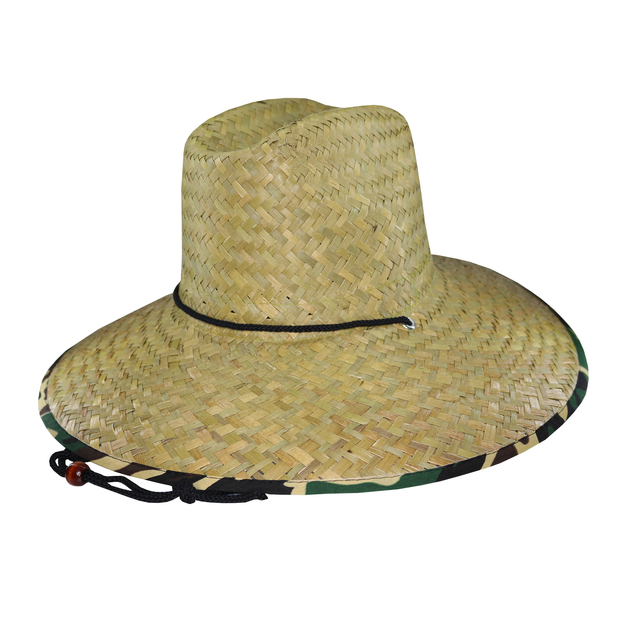 Sombrero guardavidas de paja ala estampado camuflaje con cordón.