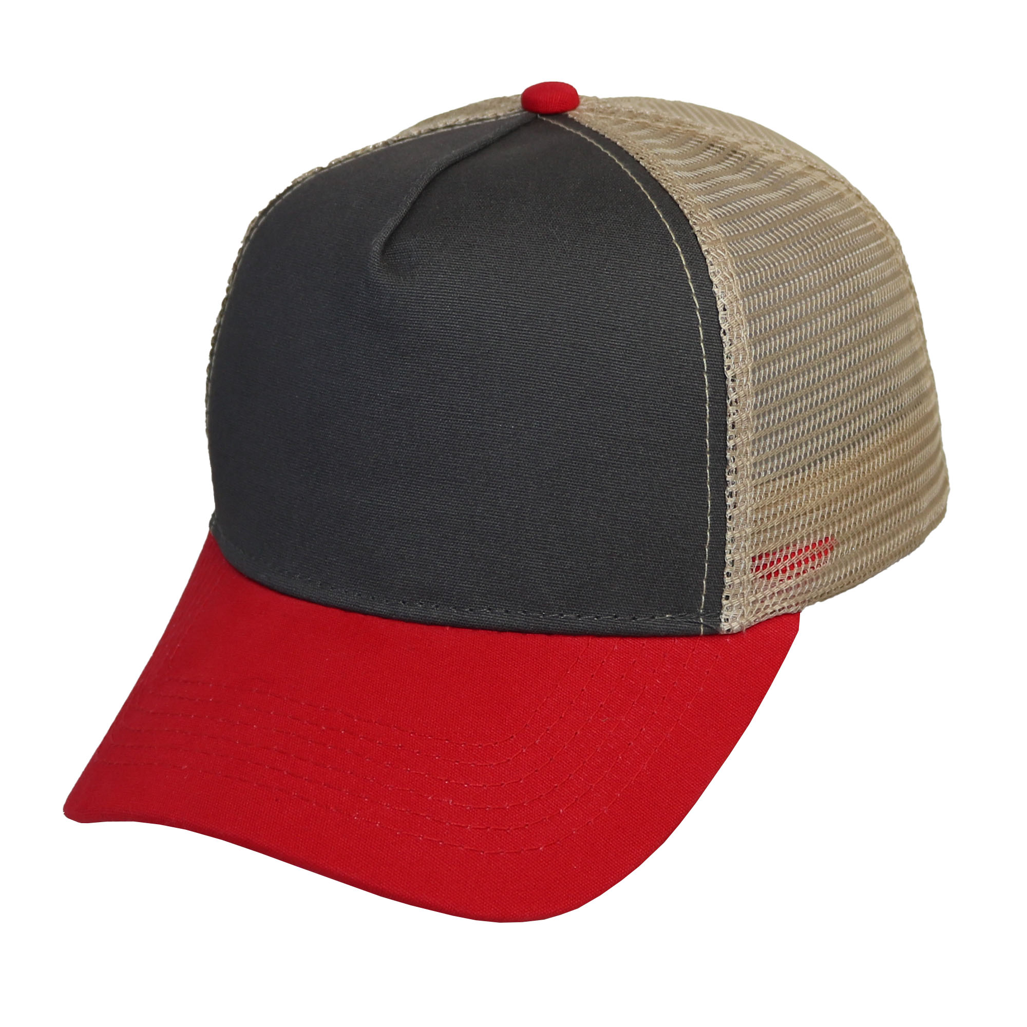Trucker canva combinado en gris, caqui y rojo 