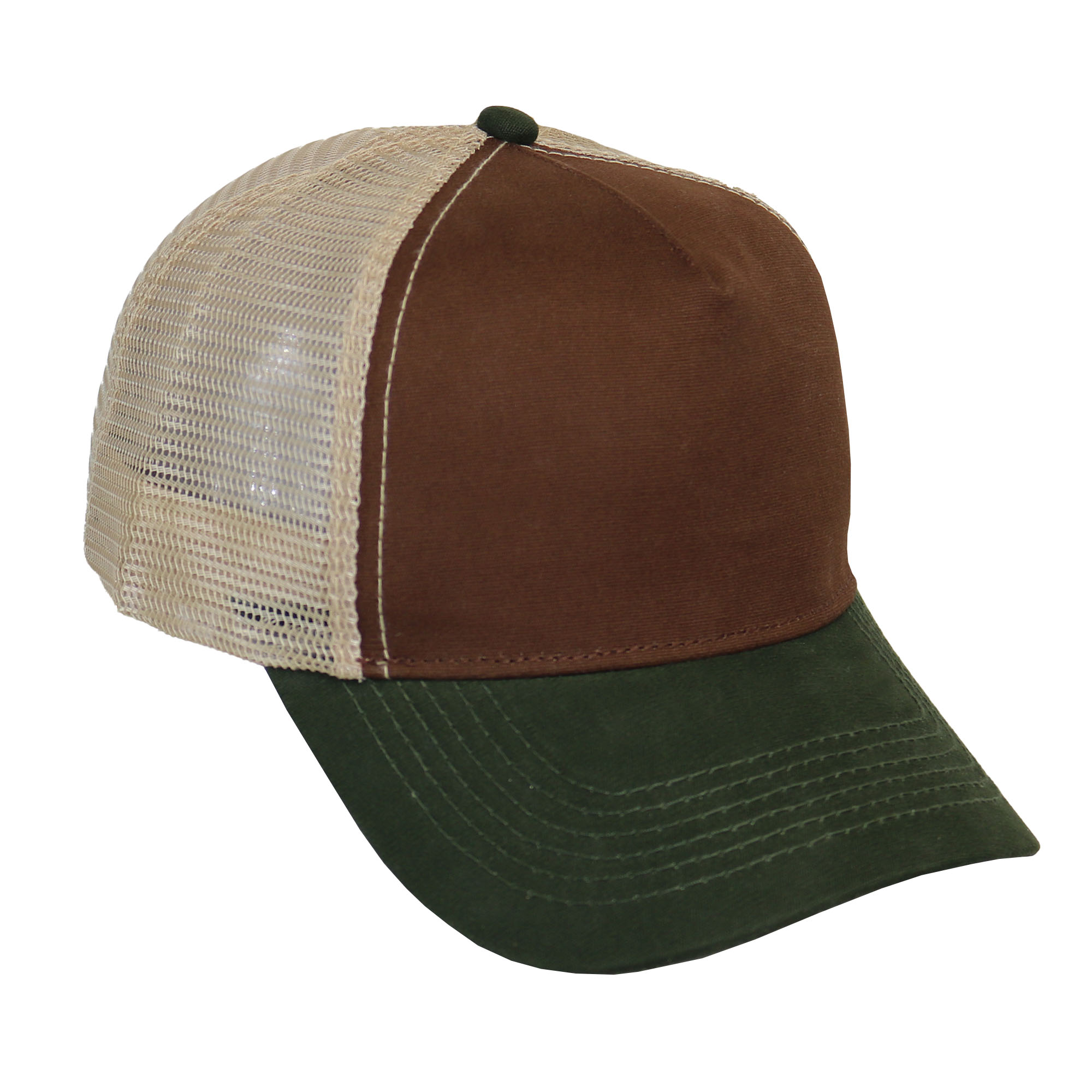 Trucker canva combinado en marron caqui y verde musgo