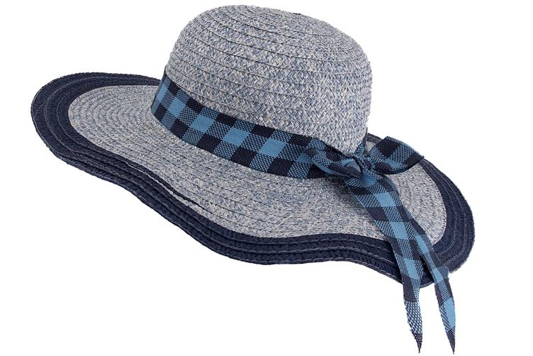 Sombrero capelina de adulto en dos tonos con detalle de cinta a cuadros en el ala.