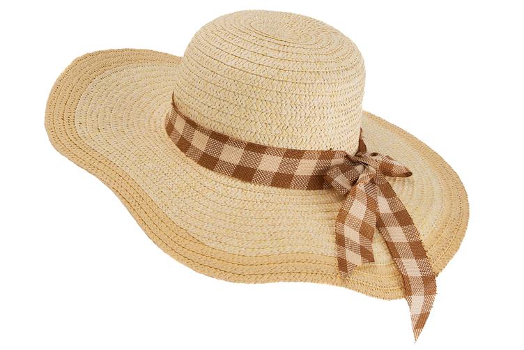 Sombrero capelina de adulto en dos tonos con detalle de cinta a cuadros en el ala.