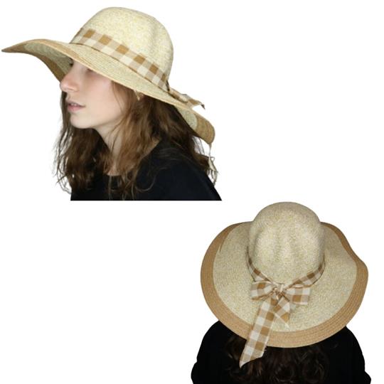 Sombrero capelina de adulto en dos tonos con detalle de cinta a cuadros en el ala.
