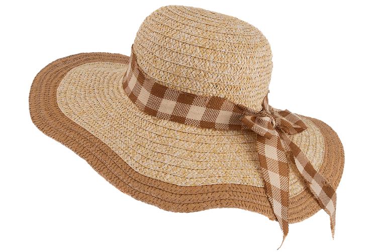 Sombrero capelina de adulto en dos tonos con detalle de cinta a cuadros en el ala.