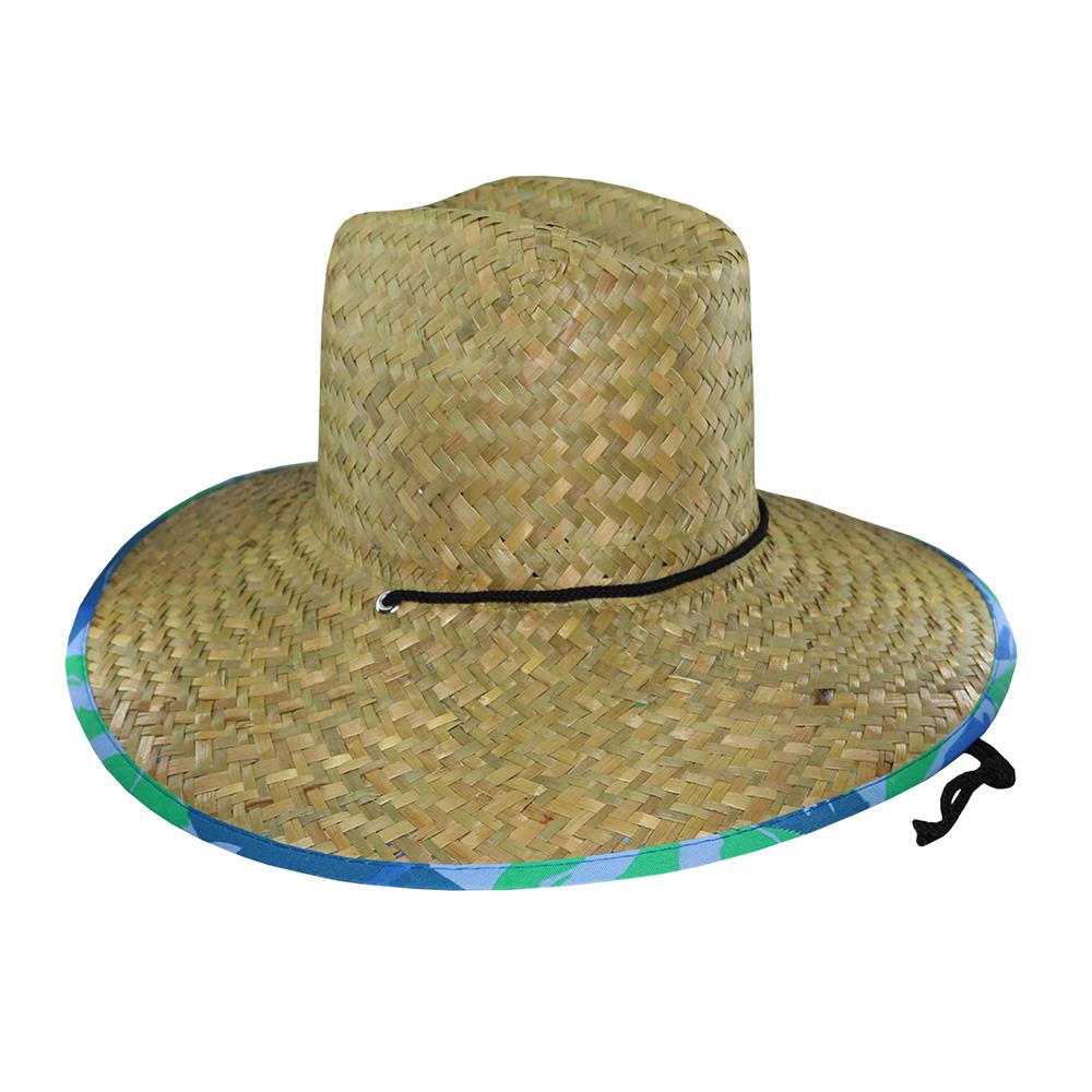 Sombrero guardavidas de paja ala estampado de plumas azules con cordón.