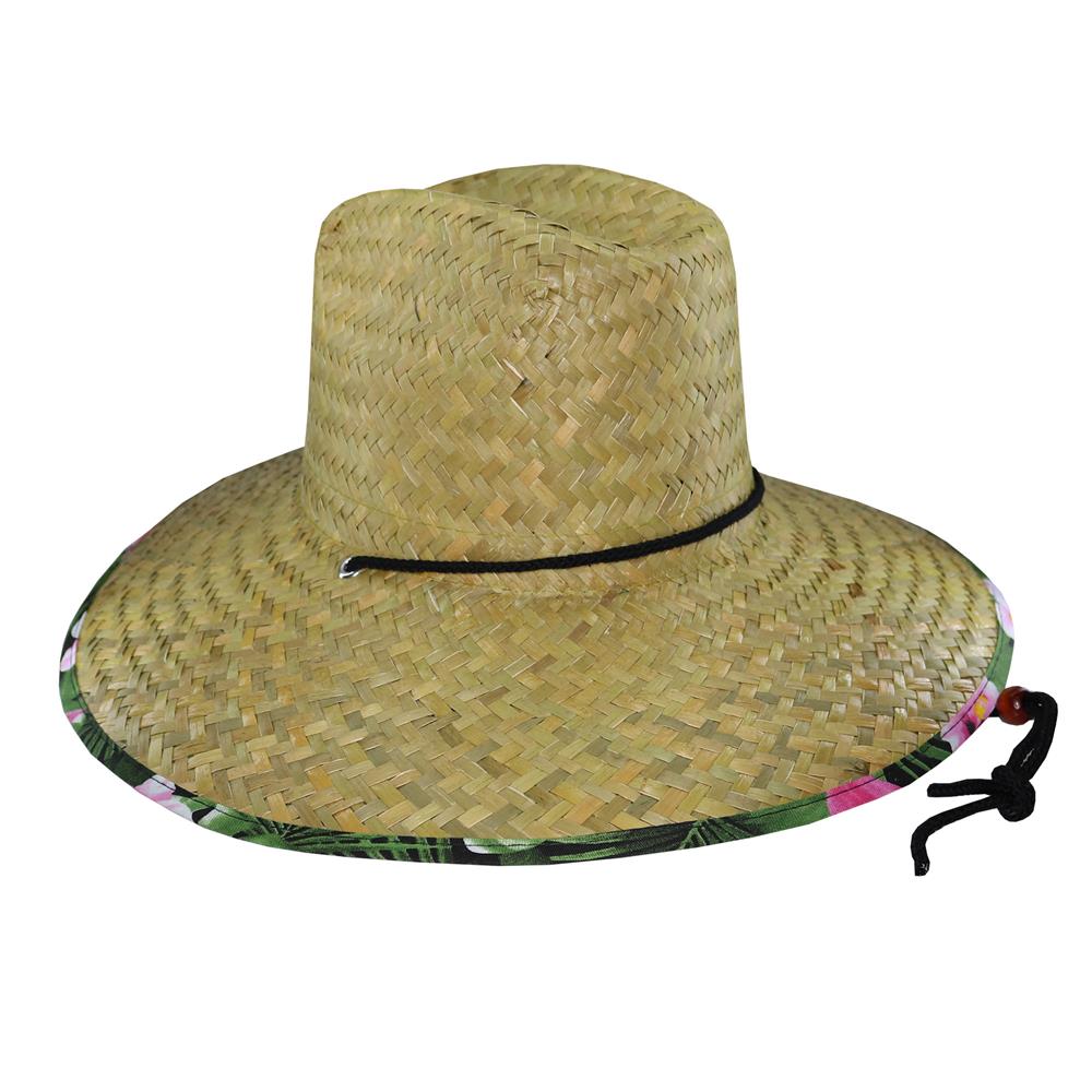 Sombrero guardavidas de paja ala estampado de flores con cordón.