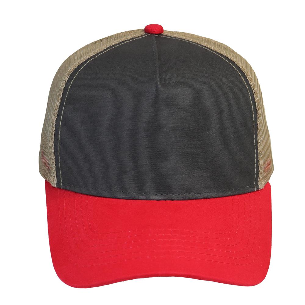 Trucker canva combinado en gris, caqui y rojo 